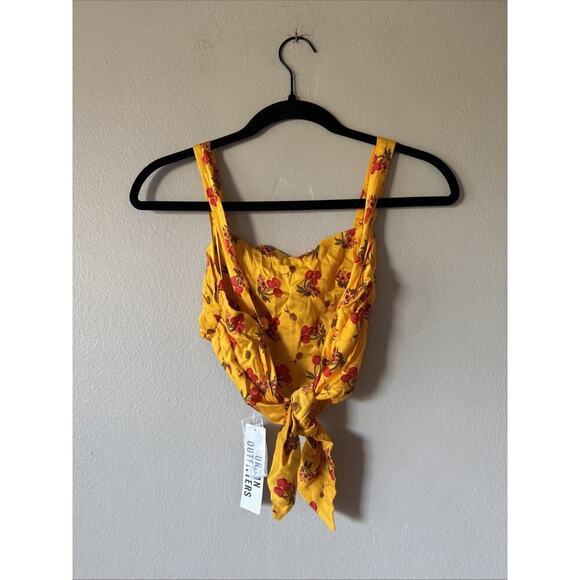 Urban Outfitters XS Jade Scarf Cami Yellow Cherry Print Tie Back Crop Top Tank - Picture 3 of 7
